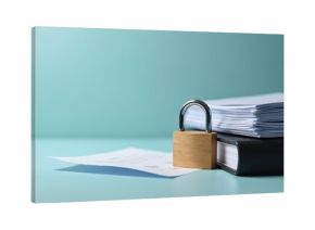 Wooden padlock secures stack of papers and book on light desk. Confidential files safeguarded, information protected. Private business documents safe, office privacy concept. Secure data storage.