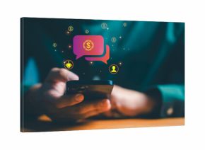 Person using a smartphone with glowing chat bubbles and money icons represents mobile banking, digital payments, financial chatbot assistance, online transactions, and modern fintech communication.