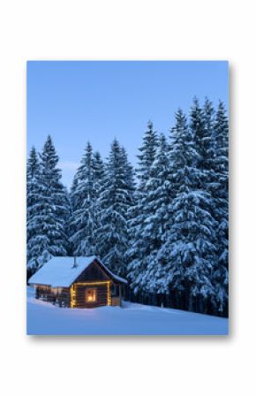 Fairy Christmas landscape with glowing wooden cabin in snowy forest. Cozy house in winter mountains