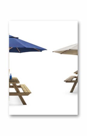 Wooden picnic table with green umbrella on a Transparent Background