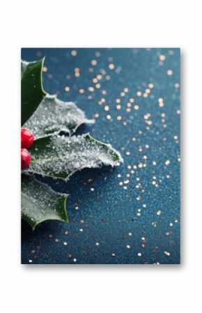 Frosted holly leaves with red berries placed on a shimmering blue background during winter