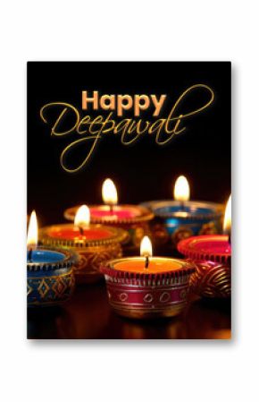 Happy Deepawali Festival Banner with Illuminated Oil Lamps (Diya) in Colorful.