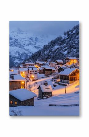 A picturesque mountain village nestled in the snow-covered Alps, adorned with twinkling lights and festive decorations during Christmas