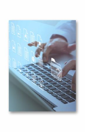 A person types on a laptop keyboard with digital icons of documents and folders representing online insurance management.