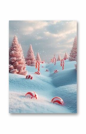 Snowy hills with Christmas trees and candy cane decorations.