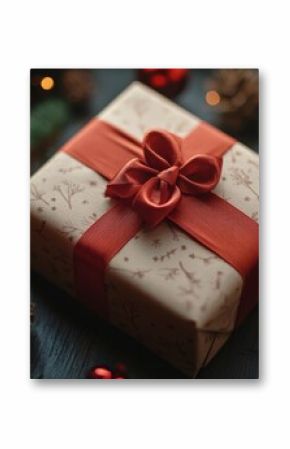 A gift with a red ribbon rests on a table amidst festive holiday decor