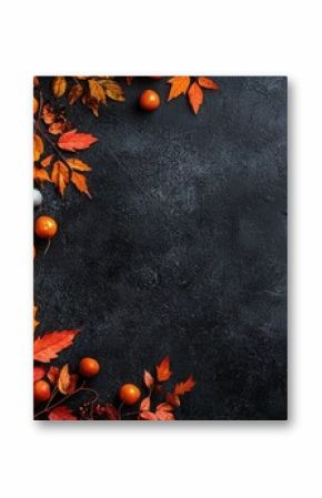 Autumn decorations on black background with pumpkins and leaves for fall and harvest season concept art