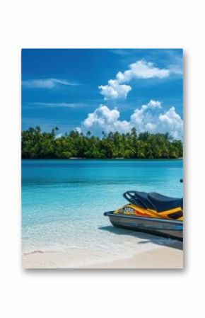 Jetski park at sandy sea beach with coconut tree. Summer tropical sports.