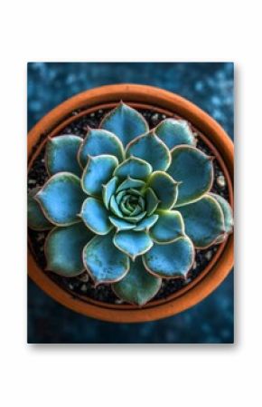 A captivating top-down view of a blue echeveria succulent plant displayed in a warm terracotta pot, showcasing its symmetrical leaf arrangement and vibrant colors.