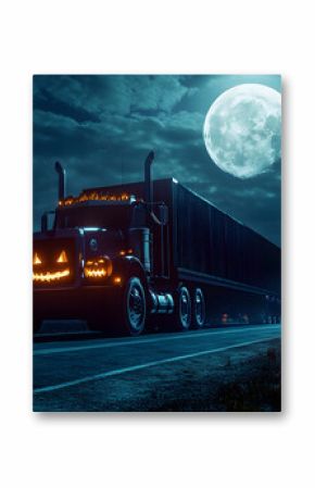 Cargo truck carrying shining carved Halloween pumpkins on the road next to the graveyard at midnight with full moon shining. Concept of cargo, shipping, logistics, delivery and Halloween celebration.