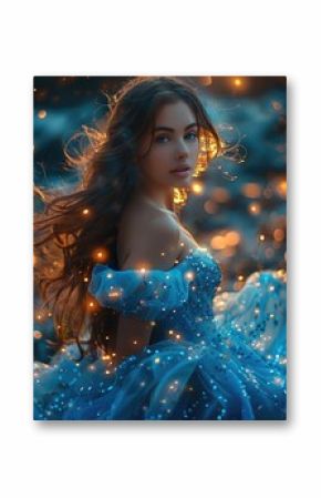 a 20-year-old woman wear dressed as a fantasy in a pompous bright blue dress with her long dark brown hair lifted through the air with a fantasy background with fantasy lights.