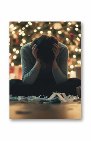 Person Sitting Alone with Head in Hands Amid Christmas Gifts, Struggling with Holiday Depression and Loneliness, Image made using Generative AI