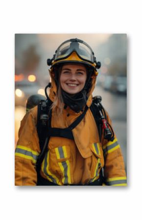 Female firefighter smiling in gear on a busy street. Generative AI image