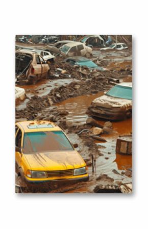 Ravaged urban area buried under a thick layer of mud, with damaged vehicles and debris scattered across the scene, conveying the devastating aftermath of a natural disaster