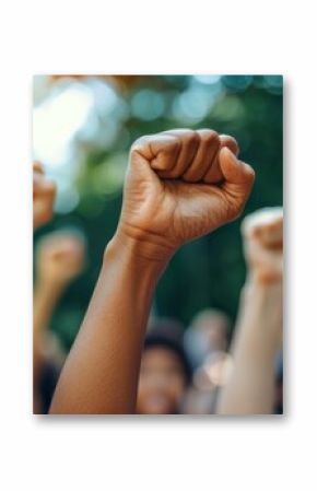 Diverse Crowd Raising Fists in Unity During a Peaceful Protest in a Park