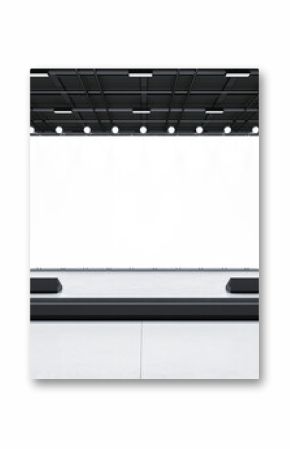 Blank illuminated press wall on stage in modern exhibition hall. 3D Rendering