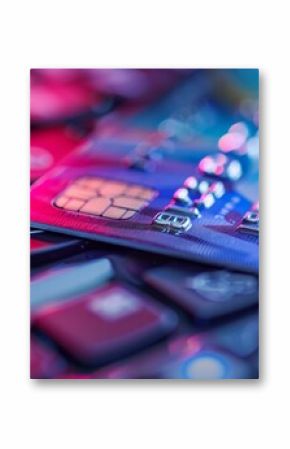 Blue credit card is laying on a black computer keyboard with colorful lights in the background