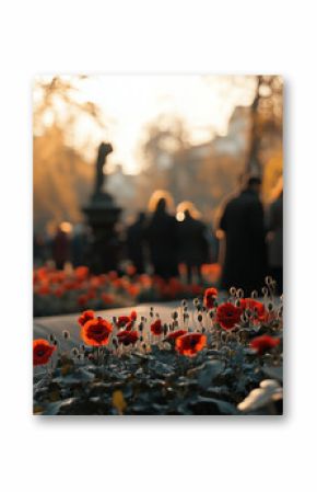 Armistice Day, a memorial park with poppies and people gathered in silence while paying their respects, Ai generated images