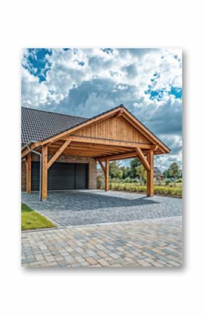 Modern carport protecting cars under cloudy sky