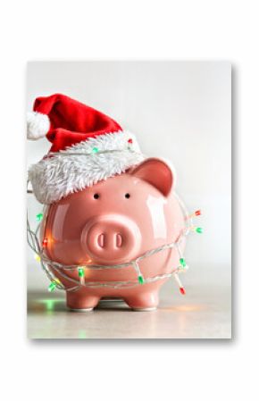 Festive Piggy Bank with Santa Hat and Holiday Lights for Christmas Savings Concept