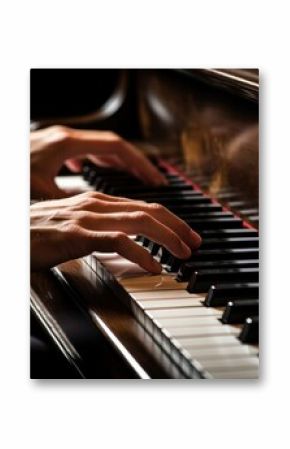 Hands playing piano keyboard musician.