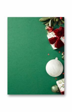 Stylish wrapped gifts and Christmas decorations on a green background. Flat lay, top view, copy space.