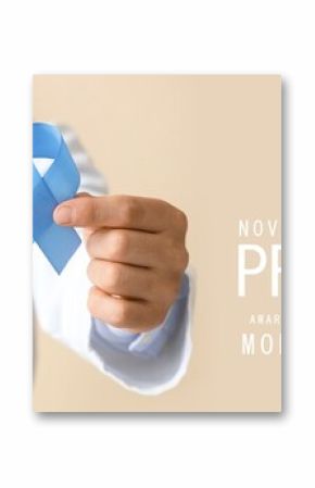 Doctor with blue ribbon on beige background, closeup. Prostate Cancer Awareness Month