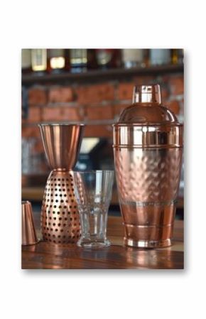 Copper cocktail shaker and other bar tools standing on bar counter top