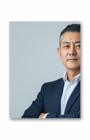 Confident Asian man in his 50s wearing a business suit with arms crossed, expressing determination and professionalism in a neutral background.