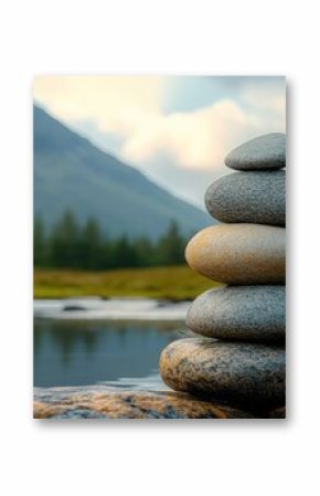 Stack of balancing zen stones near peaceful mountain lake at sunset