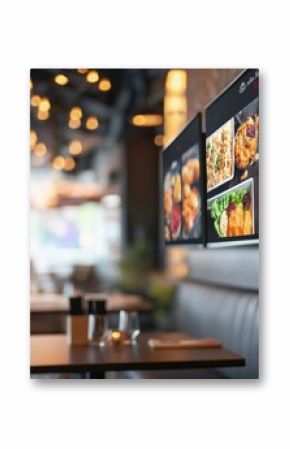 modern restaurant interior with digital signage screens