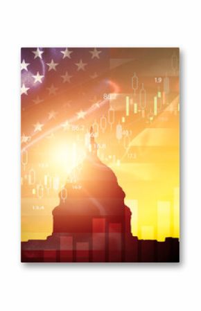 Silhouette of White House with united state of America flag and stock market chart for USA election president related with economy and investment concept.