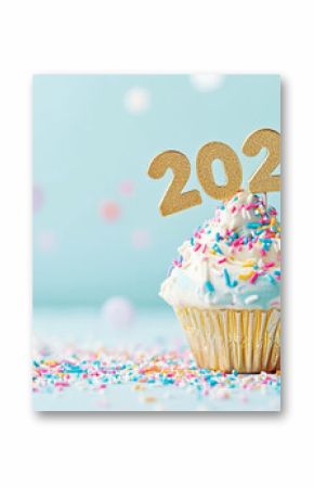 2025 celebration cupcake with colorful sprinkles on pastel background