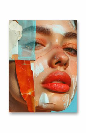 Fashionable Generative AI illustration image female facial collage many colorful elements trend puzzle