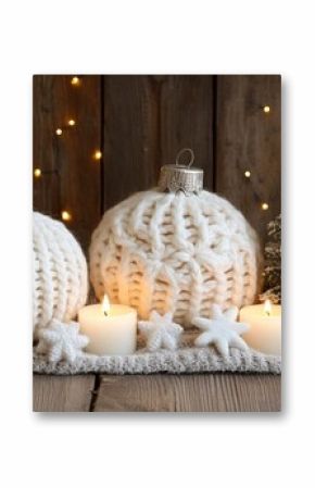 Lit candles glow beside a cozy knitted Christmas ornament.