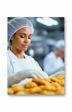 A Food Production Line Worker Wearing Gloves And A Hairnet, Carefully Inspecting Packaged Products As They Move Along The Conveyor Belt In A Bustling Factory Setting.