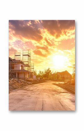 New family houses under construction at sunset with scaffolding and materials scattered around the site