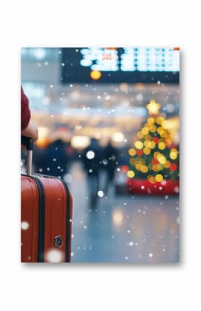 Holiday traveler with suitcase in airport during snow flurries and festive decorations