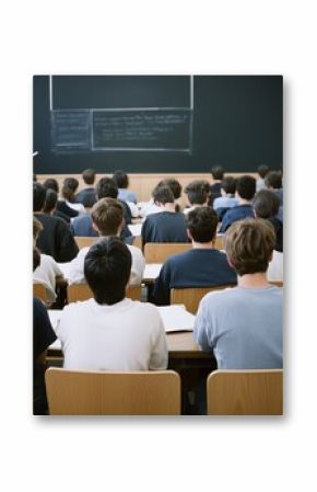 A classroom scene showcasing students attentively listening to a teacher during a lecture. The focus is on education and learning in a traditional setting.