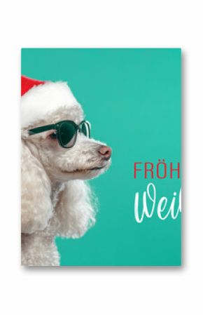 Fröhliche Weihnachten Urlaub Winter Grußkarte mit deutschem Text - Cooler Pudel HundHaustier mit Weihnachtsmannmütze und Sonnenbrille und Geschenken, isoliert auf türkisem Hintergrund