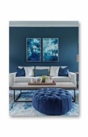 Modern and elegant living room interior design featuring plush white sofas, blue accent walls, and vibrant green plants for a cozy and inviting atmosphere.