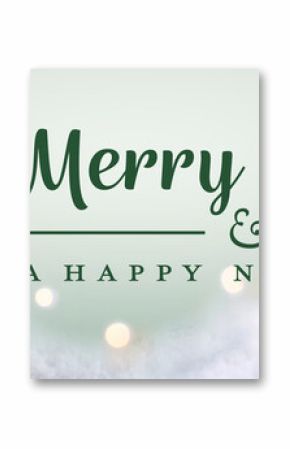 Christmas greeting card English text - Merry Christmas and Happy New Year - Frosty Xmas scene, Natural Winter background with snow and golden lights - Panorama, banner, header for advertisement 