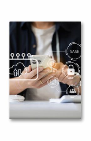 Hand touching Secure Access Service Edge icon on smartphone virtual screen background, password, network, framework and support technology in office. SASE secure access service edge concept.