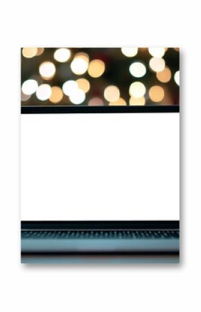 Mockup template of laptop on the table. Front screen view. Christmas tree on background 