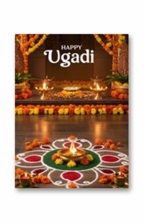 Happy Ugadi celebration with colorful rangoli, flowers, fruits and lamps. Traditional Indian New Year decoration. Hindu festival greeting card design with copy space