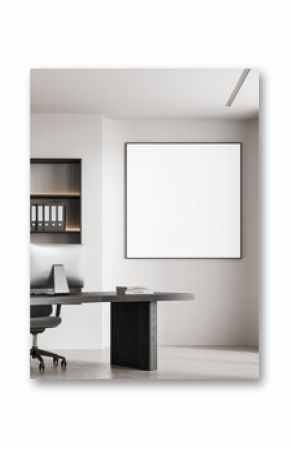 Modern office interior with blank mockup poster on wall. 3D Rendering