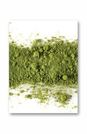 Matcha bright green powder line, tea isolated on white background, top view