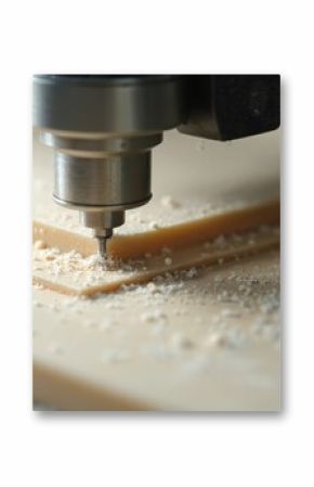 CNC cutter machine in action cutting plastic material. Machine operates automatically. Industrial process. Metalworking manufacturing process. Mechanical engineering.