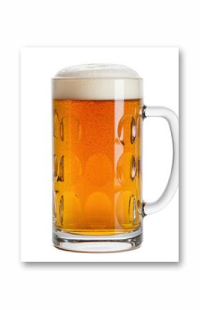 Golden beer with thick white head in a dimpled glass mug.