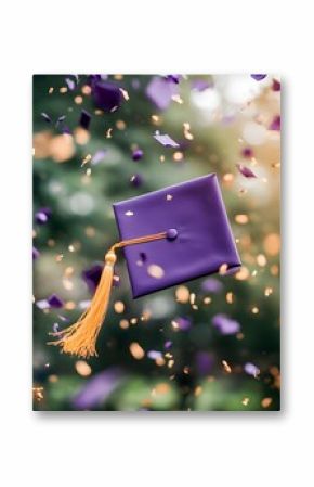 A purple graduation cap with gold tassel joyfully ascends amidst a vibrant shower of celebratory confetti outdoors.